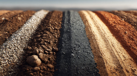 This image showcases a variety of soil textures arranged in distinct layers, highlighting the importance of soil types in agriculture and the environment.の素材