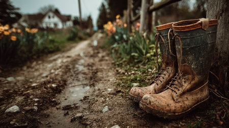 A pair of worn rubber boots sits on a muddy pathway, surrounded by blooming flowers and a rustic farmhouse, capturing the essence of rural life.の素材