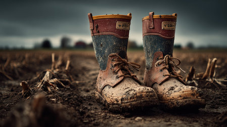 A pair of worn rubber boots covered in mud rests on a bare field surrounded by harvested crop stubble under a dramatic, cloudy sky.の素材