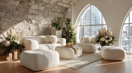 A stylish modern living space featuring cozy white furniture set against a stunning stone wall, enhanced by elegant floral arrangements, creating a serene and inviting environment.の素材