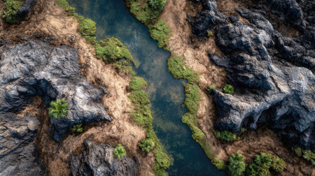This captivating aerial image captures a serene waterway winding through rugged rocky terrain, adorned with lush green vegetation, showcasing nature's untouched beauty.の素材