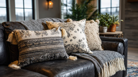 A warm and inviting living room showcases stylish decorative pillows and a cozy blanket draped over a leather sofa, perfect for creating a serene atmosphere.の素材