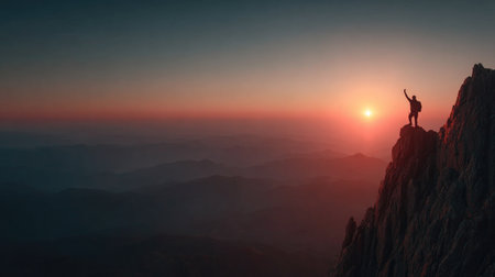A solo hiker stands triumphantly on a rugged mountain peak, raising their arm in celebration as a stunning sunrise paints the sky with vibrant colors.の素材