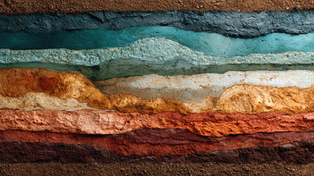 This captivating image showcases vibrant geological layers of earth, illustrating different strata and textures in a stunning cross-section view, perfect for educational and artistic uses.の素材