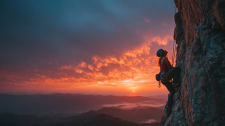 A lone climber navigates a rocky surface against a backdrop of a vibrant sunset. The image captures the blend of adventure and serenity in nature.の素材