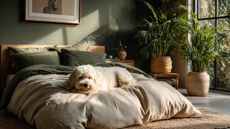 A serene bedroom scene with a fluffy dog lounging on a large comforter, bathed in warm sunlight. The room features calming greens and lush plants, creating a cozy atmosphere perfect for relaxation.の素材