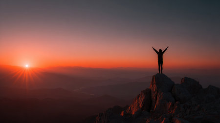 A person stands confidently on a rocky mountain peak, arms raised in triumph as a stunning sunrise fills the sky with vibrant colors, symbolizing freedom.の素材