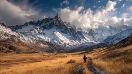 This captivating mountain landscape features dramatic snow-capped peaks under a vibrant sky, inviting adventurous hikers to explore the serene paths.の素材