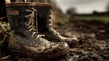 A close-up view of a pair of worn rubber boots covered in mud, resting on a rural path. The background features fields and a cloudy sky, symbolizing outdoor adventures.の素材