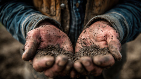 A close-up image captures a farmer's hands holding rich, textured soil, showcasing the connection between manual labor and the natural world in agriculture.の素材