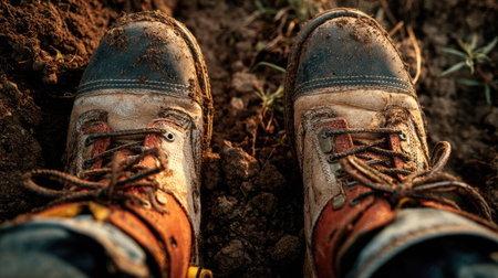 This image features a close-up of dirty work boots resting on soil, capturing the essence of outdoor labor, adventure, and connection with nature.の素材