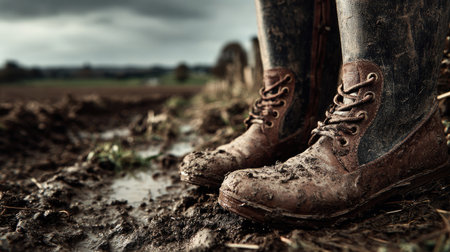 A close-up view of muddy work boots standing in wet, sloshy soil on a cloudy day, illustrating the challenges of outdoor activities and labor.の素材
