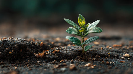 A close-up image of a green seedling sprouting from dark soil, showcasing the beauty of nature and growth in a fresh environment. Ideal for themes of renewal and vitality.の素材