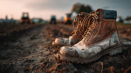A close-up of worn work boots resting on muddy ground, showcasing the connection between labor and nature. Construction machinery is faintly visible, highlighting the work environment.の素材
