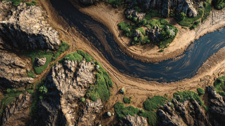 Stunning aerial perspective showcases a winding river cutting through a dramatic rocky landscape adorned with vibrant green flora, embodying nature's beauty.の素材