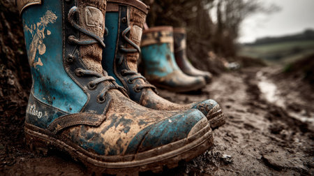 This image features a pair of muddy rubber boots resting on a dirt path in the countryside, highlighting the importance of durable footwear for outdoor adventures.の素材