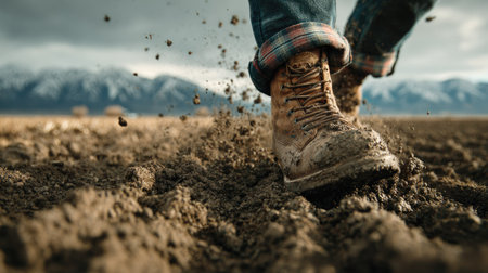 A captivating close-up of a boot stepping on rich, earthy soil, set against a dramatic mountain backdrop, showcasing the beauty of nature and adventure.の素材