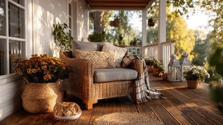 This inviting outdoor space features a cozy wicker chair adorned with pillows, a colorful flower arrangement, and warm autumn sunlight streaming through trees.の素材