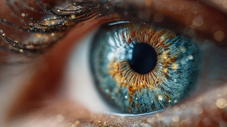 This stunning close-up captures the intricate details of a human eye, featuring vibrant colors and sparkling elements, evoking beauty and wonder.の素材