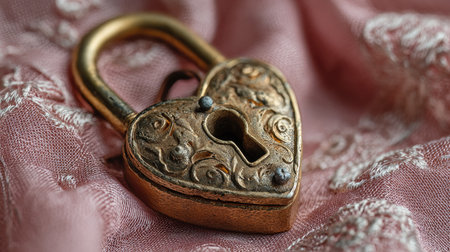 A beautifully crafted vintage heart-shaped padlock sits elegantly on soft pink fabric, showcasing intricate details and a rustic charm perfect for romantic themes.の素材
