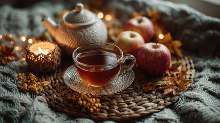 Enjoy a serene and inviting tea setup featuring a delicate cup, teapot, fresh apples, and glowing candles, surrounded by autumn leaves on a cozy blanket.の素材