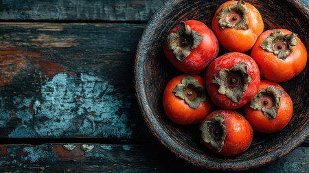 A vibrant display of fresh persimmons arranged in a rustic wooden bowl, set against a dark wooden table background, perfect for food photography.の素材