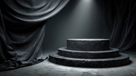 A captivating scene featuring a stone pedestal under a dramatic spotlight, flanked by dark velvet curtains. The minimalistic setting creates an artistic and elegant atmosphere, ideal for presentations or creative displays.の素材