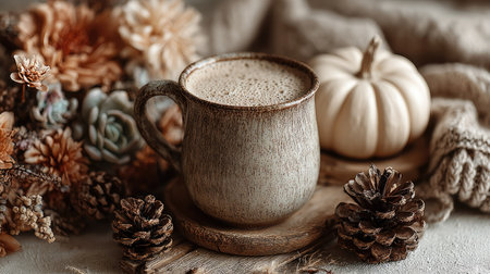 A charming autumn scene featuring a rustic coffee mug surrounded by pinecones, a small pumpkin, and dried flowers, evoking warmth and comfort.の素材