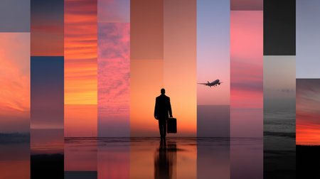 A businessman walks towards a colorful horizon at sunset, suitcase in hand. An airplane flies above, symbolizing travel and new opportunities ahead.の素材