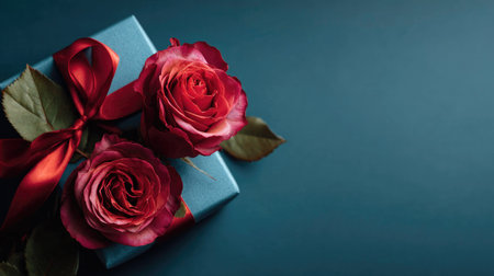 A stunning arrangement featuring a romantic blue gift box adorned with vibrant red roses and a luxurious red ribbon, perfect for celebrations or special occasions.の素材