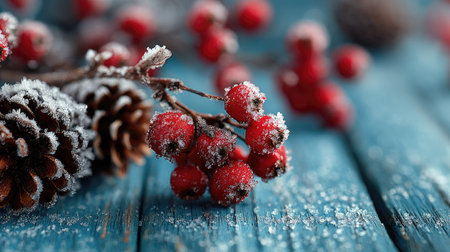 Captivating close-up of frosty winter berries and pine cones resting on a textured blue wooden surface. The enchanting scene evokes the beauty of the season, perfect for holiday themes.の素材