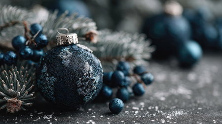 This captivating winter scene features a blue Christmas ornament nestled among frosty pine branches and berries, evoking a festive atmosphere perfect for holiday celebrations.の素材