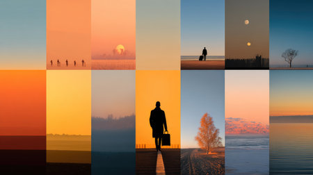 This vibrant collage features a series of sunset and sunrise images showcasing stunning colors and tranquil landscapes, emphasizing connection between nature and humanity.の素材