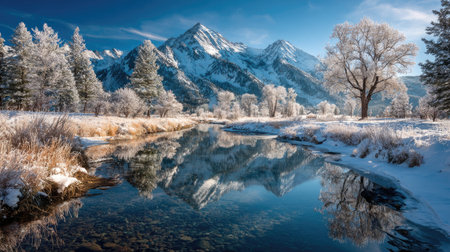 Captivating winter landscape showcasing snow-dusted mountains with a tranquil river reflecting the serene beauty of nature's icy splendor.の素材