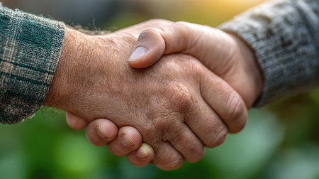 Captured in soft natural light, this image showcases a close-up of two hands engaged in a handshake, symbolizing partnership and trust.の素材