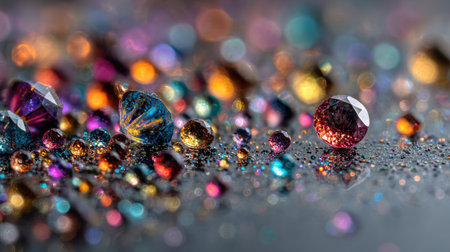 A captivating display of colorful gemstones and sparkling beads resting on a shimmering surface, enhanced by a beautiful bokeh effect. Perfect for artistic and decorative projects.の素材