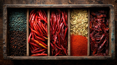 A stunning wooden tray displays an assortment of vibrant spices, including red chilies, fennel seeds, and rich seasoning powders, perfect for culinary enthusiasts.の素材