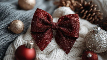 A beautiful red glitter bow rests elegantly among sparkling Christmas ornaments on a soft knit background, creating a cozy festive atmosphere.の素材