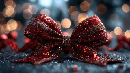 A close-up of a beautiful red glittering bow resting on a soft surface, illuminated by soft bokeh lights, perfect for celebrating festive moments.の素材