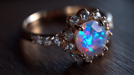 This stunning opal ring features a central gemstone surrounded by radiant cut diamonds, showcasing a blend of colorful hues and intricate design.の素材