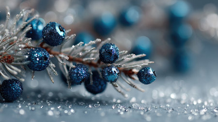 Capture the essence of winter with this stunning close-up of frosted pine branches adorned with glittery blue berries. Perfect for seasonal decor.の素材