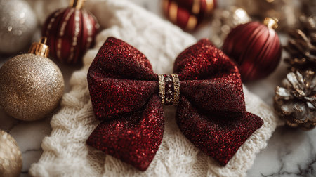 A visually stunning arrangement featuring a sparkling red glitter bow on a cozy knitted background, surrounded by elegant Christmas ornaments and pinecones.の素材
