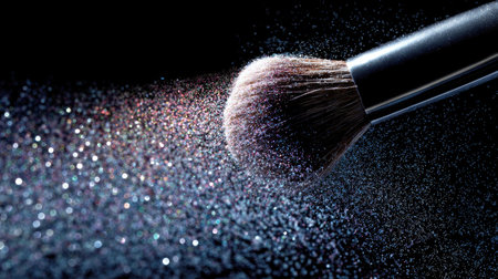 This close-up image captures a makeup brush applying vibrant glitter particles against a rich black backdrop, highlighting the artistry and elegance of cosmetic application.の素材