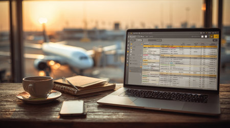 A serene airport workspace featuring a laptop displaying travel data, a cup of coffee, and notes, complemented by an airplane view at sunset.の素材