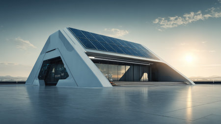 A futuristic house designed with solar panels showcases modern architecture. This eco-friendly structure harmonizes with nature and emphasizes sustainability.の素材