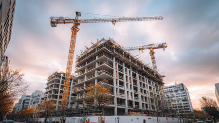 This image captures an urban construction site showcasing cranes working on modern architecture against a picturesque sunset sky, embodying development and progress.の素材