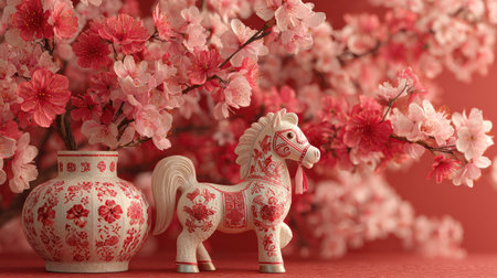A stunning composition featuring a decorative porcelain horse alongside vibrant cherry blossom branches, perfect for spring celebrations and home decor.の素材