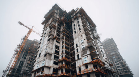 An industrial scene capturing a construction site with a tall concrete building in progress, surrounded by mist and a crane, showcasing urban development.の素材