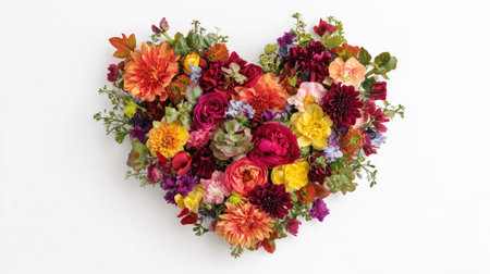 This vibrant heart-shaped flower arrangement features a variety of colorful blooms and lush greenery set against a clean white background, perfect for expressing love and joy.の素材
