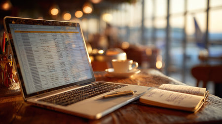 A serene workspace featuring a laptop, notepad, and coffee cup, illuminated by warm sunset light, perfect for creativity and productivity moments.の素材